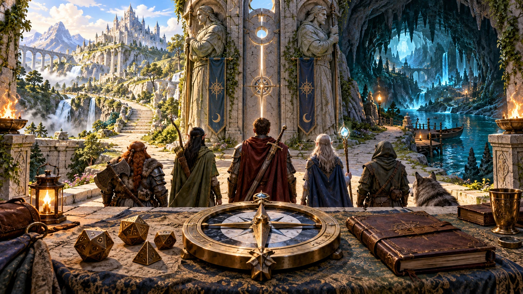 Fantasy illustration of adventurers at a fork between a sunlit castle and a blue cavern