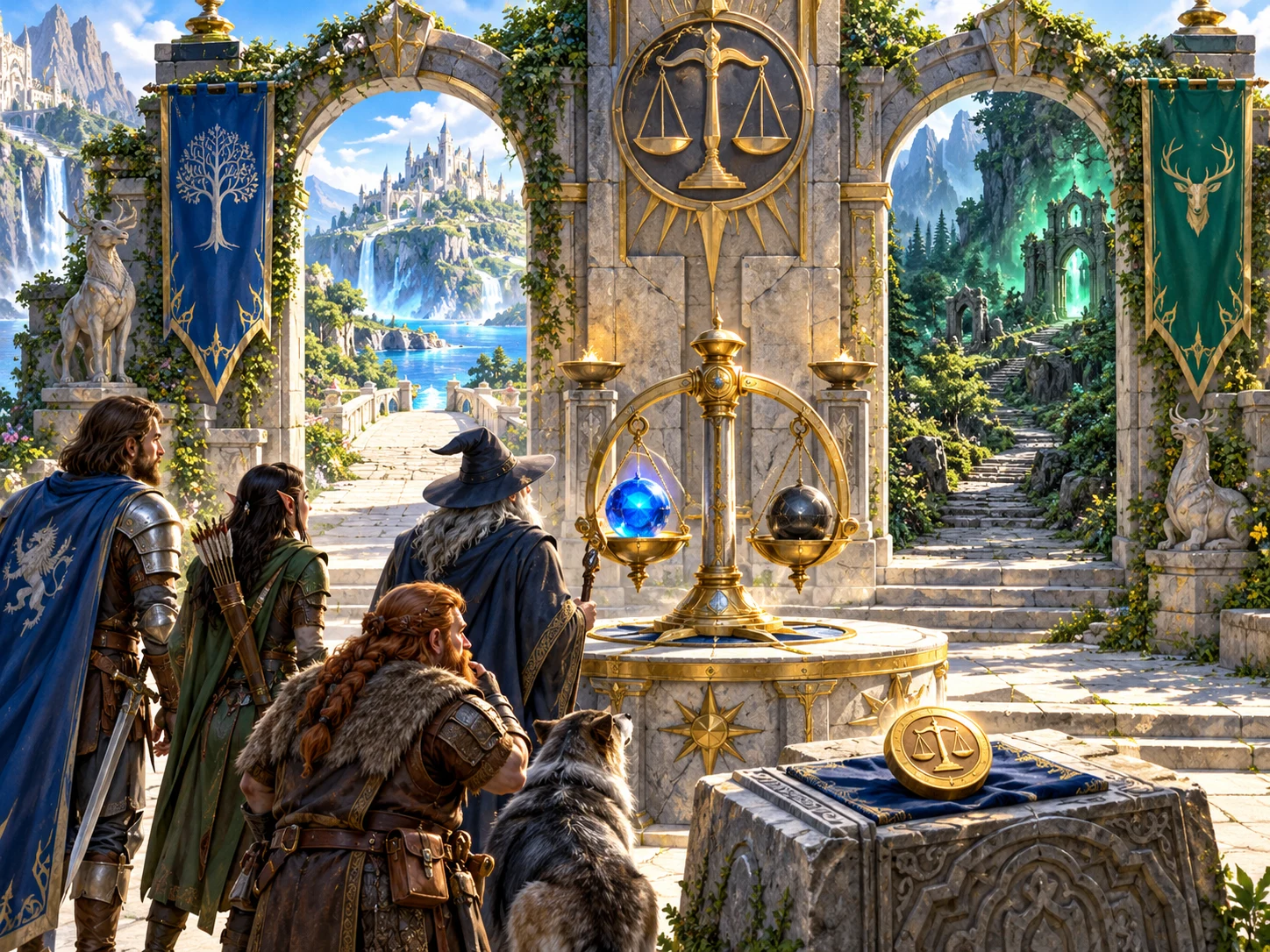 Fantasy illustration of adventurers considering a balanced ruling between two paths