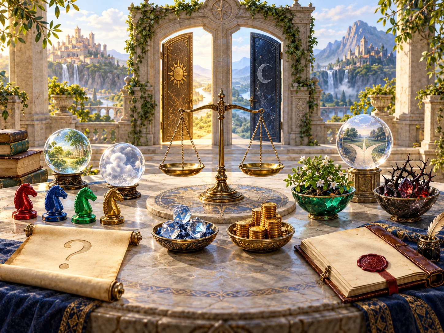 Fantasy illustration of a balance, uncertainty symbols and resources beside an open book